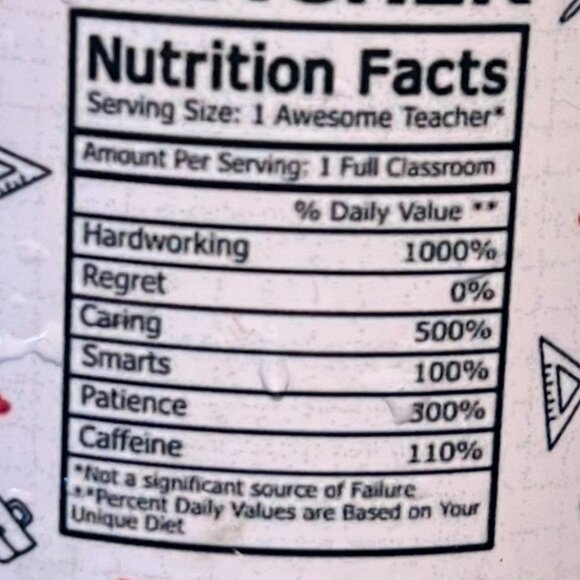 #TEACHERLIFE Teacher Nutrition Facts / Postives Attributes Ceramic Mug ~ School - Picture 3 of 8